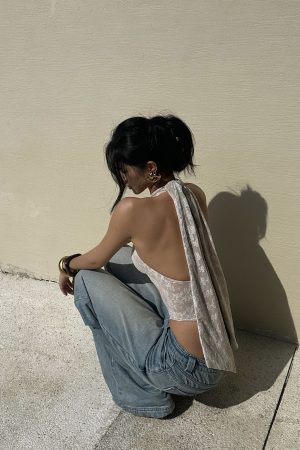 ROVENTE Backless Lace Halter Draped Top