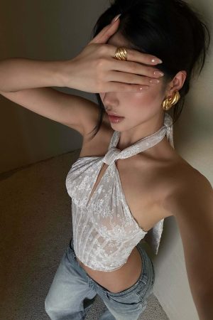 ROVENTE Backless Lace Halter Draped Top