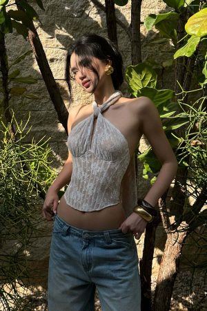 ROVENTE Backless Lace Halter Draped Top