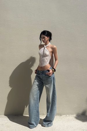 ROVENTE Backless Lace Halter Draped Top