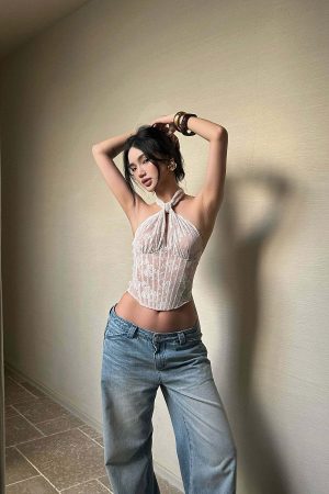 ROVENTE Backless Lace Halter Draped Top