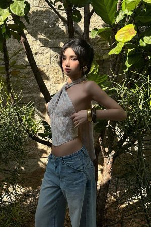 ROVENTE Backless Lace Halter Draped Top