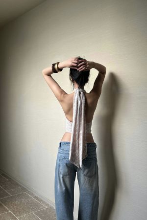 ROVENTE Backless Lace Halter Draped Top