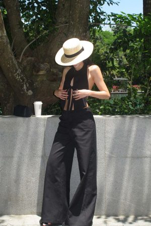 ROVENTE Backless Pinstripe Halter Vest with Front Tie in Black