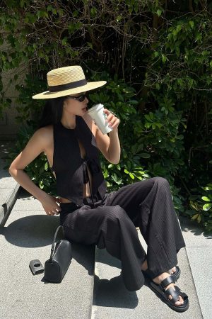 ROVENTE Backless Pinstripe Halter Vest with Front Tie in Black