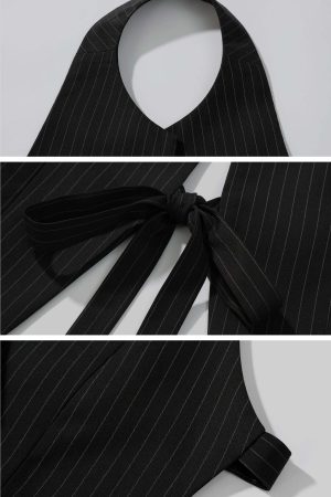 ROVENTE Backless Pinstripe Halter Vest with Front Tie in Black
