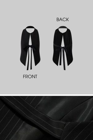 ROVENTE Backless Pinstripe Halter Vest with Front Tie in Black
