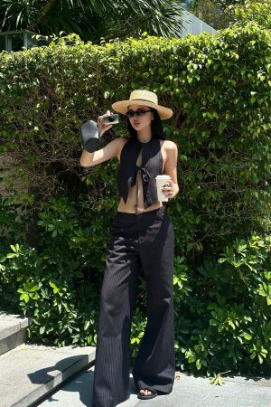 ROVENTE Backless Pinstripe Halter Vest with Front Tie in Black