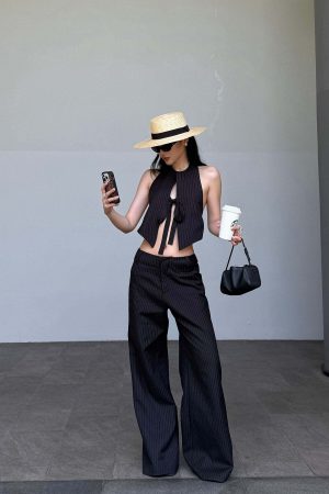 ROVENTE Backless Pinstripe Halter Vest with Front Tie in Black