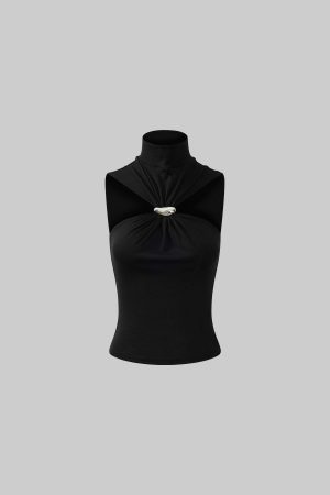 ROVENTE Black Halterneck Top with Metal Clasp