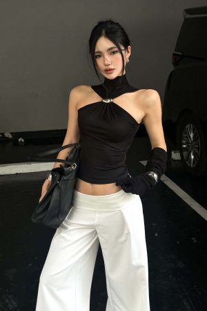 ROVENTE Black Halterneck Top with Metal Clasp