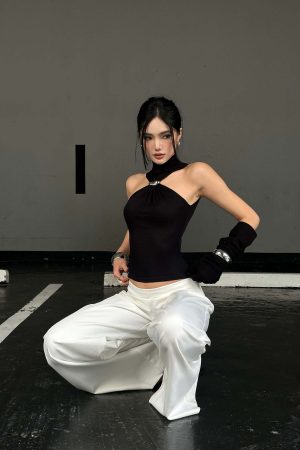 ROVENTE Black Halterneck Top with Metal Clasp