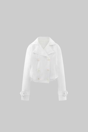 ROVENTE Cropped Double-Breasted Trench Jacket with Structured Lapels and Buckled Cuffs