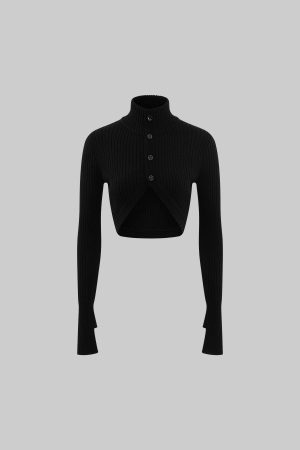 ROVENTE Cropped Knit Cardigan with High Neck and Button Closure