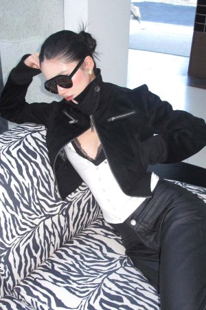 ROVENTE Cropped Suede Jacket with High Collar and Zipper Detailing