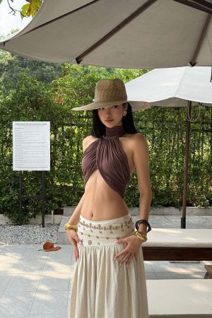 ROVENTE Cross-Drape Halter Top with High Neck Twist Detail