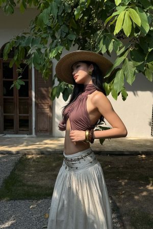 ROVENTE Cross-Drape Halter Top with High Neck Twist Detail