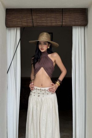 ROVENTE Cross-Drape Halter Top with High Neck Twist Detail