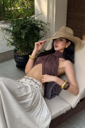 ROVENTE Cross-Drape Halter Top with High Neck Twist Detail