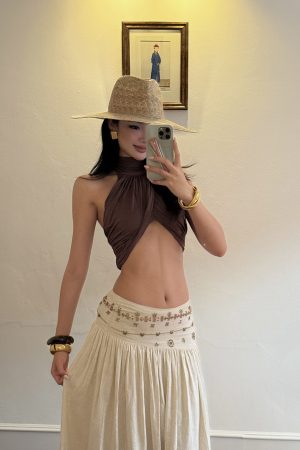 ROVENTE Cross-Drape Halter Top with High Neck Twist Detail