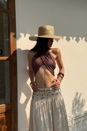 ROVENTE Cross-Drape Halter Top with High Neck Twist Detail