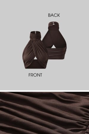 ROVENTE Cross-Drape Halter Top with High Neck Twist Detail