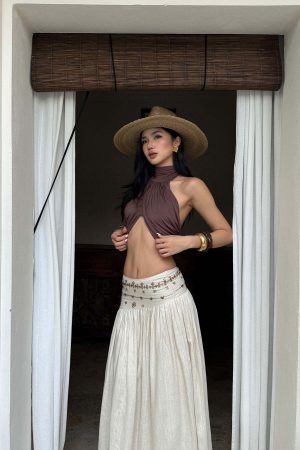 ROVENTE Cross-Drape Halter Top with High Neck Twist Detail