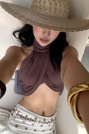 ROVENTE Cross-Drape Halter Top with High Neck Twist Detail