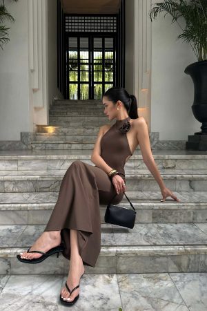 ROVENTE Cutout Halter Gown with Rosette Detail