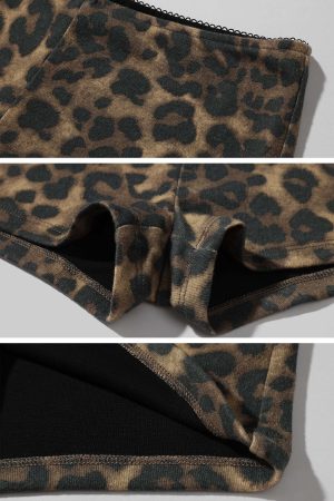 ROVENTE Deep V Black Top with Leopard Bra and Leopard Print Shorts Set