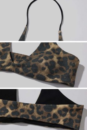 ROVENTE Deep V Black Top with Leopard Bra and Leopard Print Shorts Set
