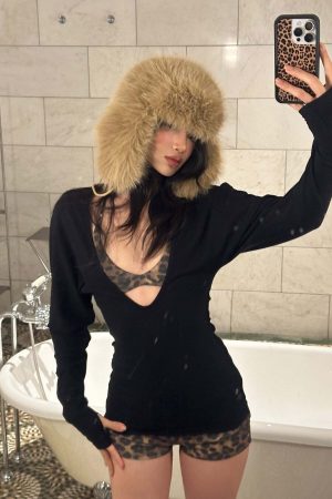 ROVENTE Deep V Black Top with Leopard Bra and Leopard Print Shorts Set