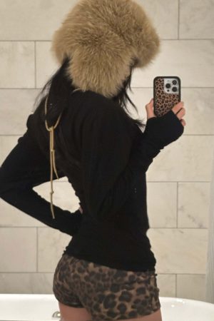 ROVENTE Deep V Black Top with Leopard Bra and Leopard Print Shorts Set