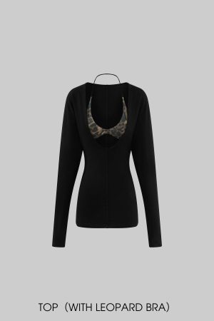 ROVENTE Deep V Black Top with Leopard Bra and Leopard Print Shorts Set