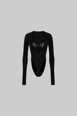 ROVENTE Deep V Cutout Bodysuit with Lace Bra Detail