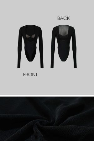 ROVENTE Deep V Cutout Bodysuit with Lace Bra Detail