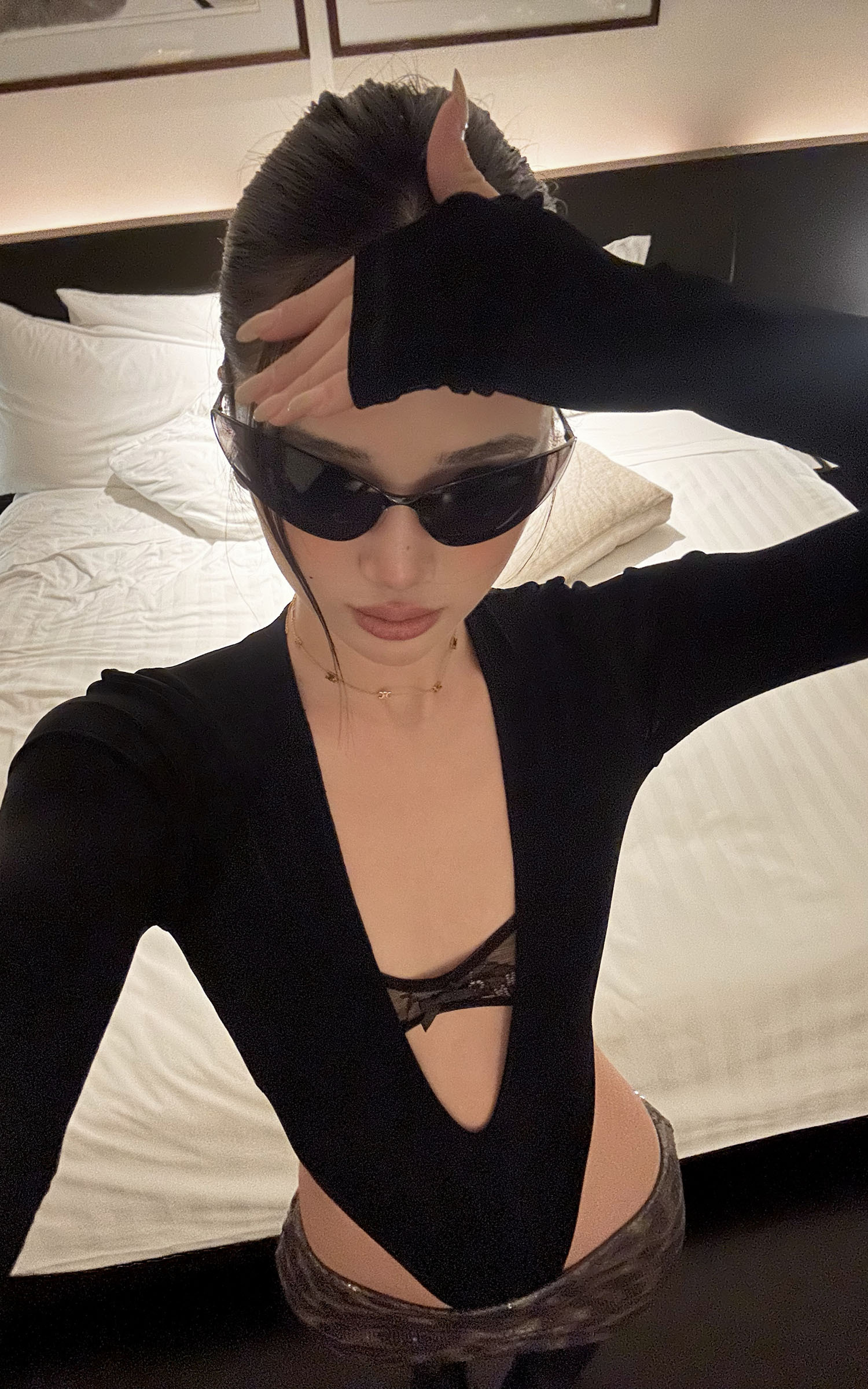 ROVENTE Deep V Cutout Bodysuit with Lace Bra Detail ROVENTE Deep V Cutout Bodysuit with Lace Bra Detail