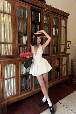 ROVENTE Deep V Halter Mini Dress with Flared Skirt