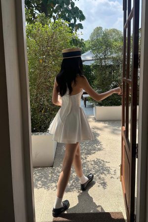 ROVENTE Deep V Halter Mini Dress with Flared Skirt