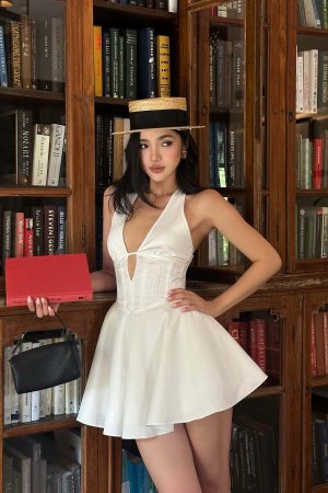 ROVENTE Deep V Halter Mini Dress with Flared Skirt