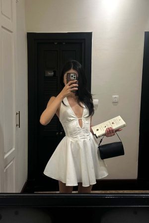 ROVENTE Deep V Halter Mini Dress with Flared Skirt