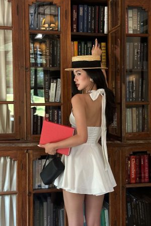 ROVENTE Deep V Halter Mini Dress with Flared Skirt