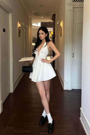 ROVENTE Deep V Halter Mini Dress with Flared Skirt