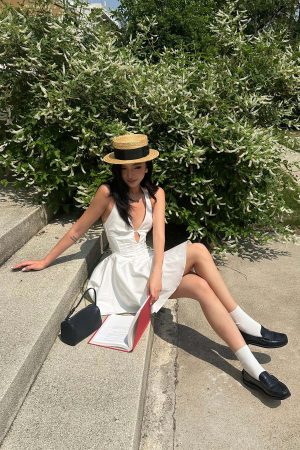 ROVENTE Deep V Halter Mini Dress with Flared Skirt