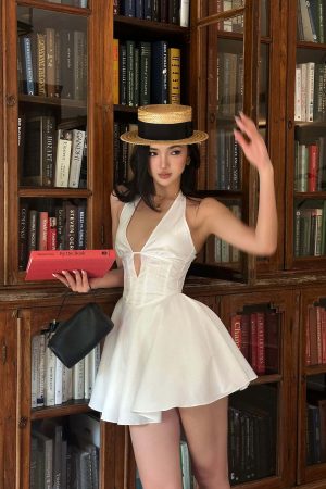 ROVENTE Deep V Halter Mini Dress with Flared Skirt