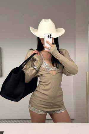 ROVENTE Deep V Knit Top with Sequin Bra and Shorts Set