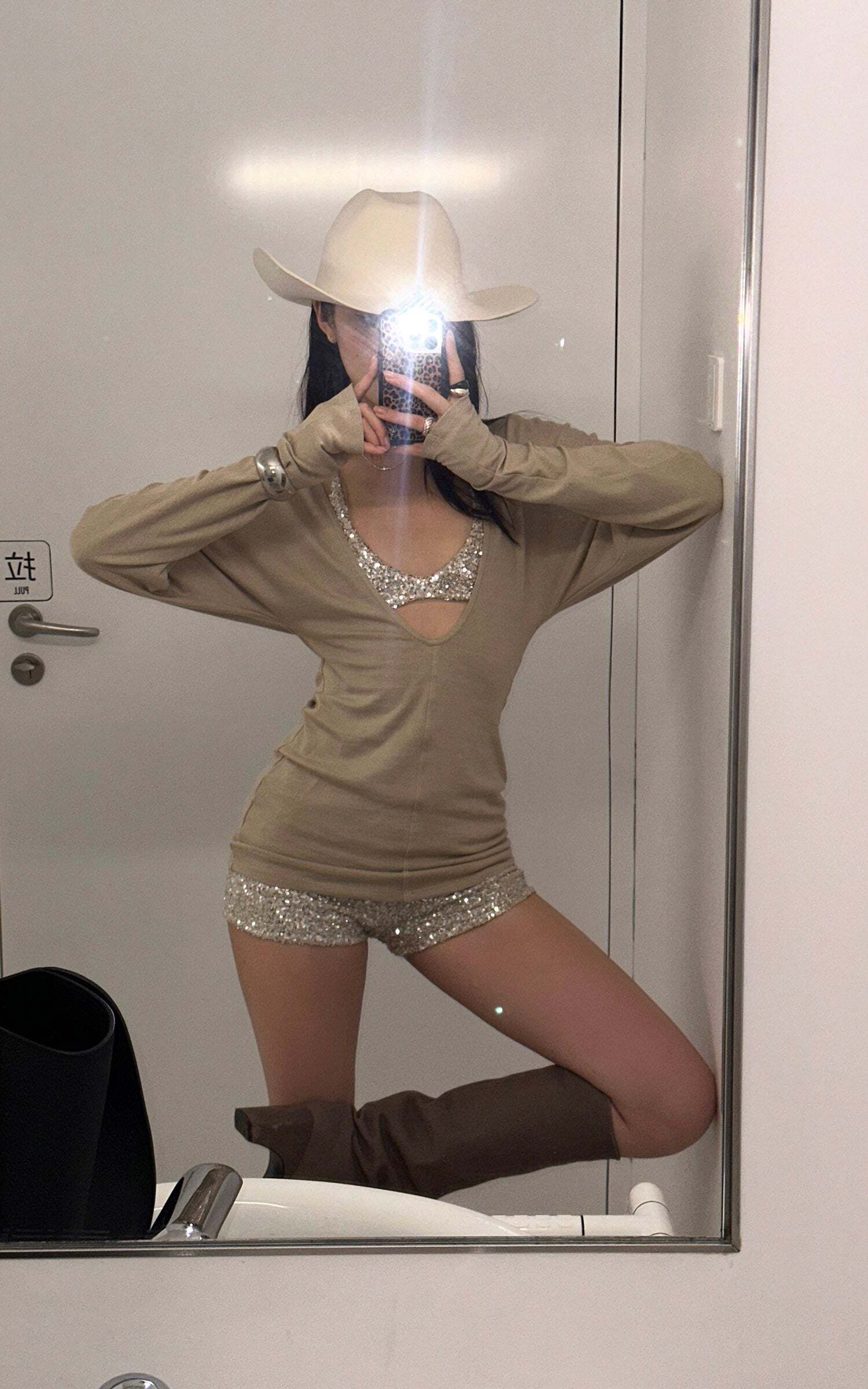 ROVENTE Deep V Knit Top with Sequin Bra and Shorts Set ROVENTE Deep V Knit Top with Sequin Bra and Shorts Set