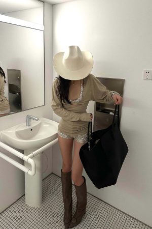 ROVENTE Deep V Knit Top with Sequin Bra and Shorts Set