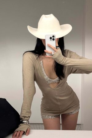 ROVENTE Deep V Knit Top with Sequin Bra and Shorts Set