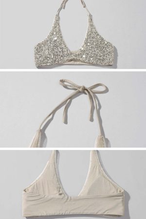 ROVENTE Deep V Knit Top with Sequin Bra and Shorts Set